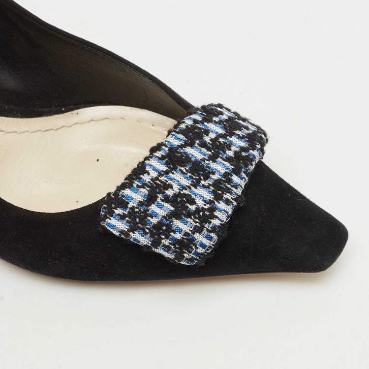 Pre Owned Dior Black/White Suede Houndstooth Buckle Pointed Toe Pumps Size 37.5