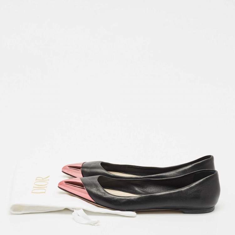 Pre Owned Dior Black Leather Metal Cap Pointed Toe Ballet Flats Size 38