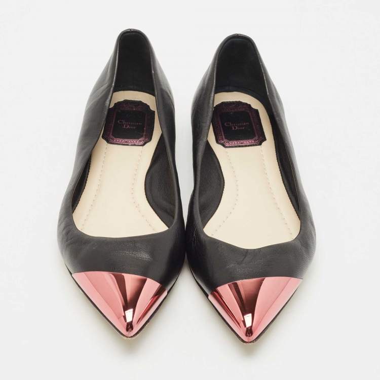 Pre Owned Dior Black Leather Metal Cap Pointed Toe Ballet Flats Size 38