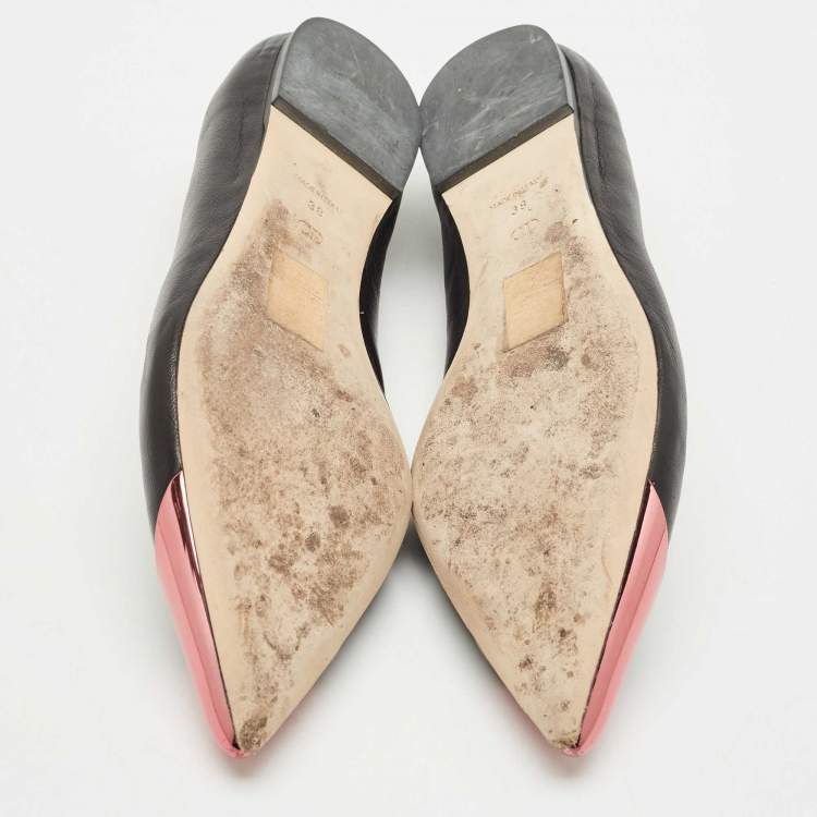 Pre Owned Dior Black Leather Metal Cap Pointed Toe Ballet Flats Size 38