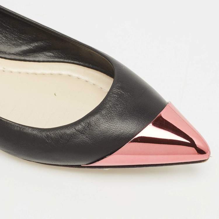 Pre Owned Dior Black Leather Metal Cap Pointed Toe Ballet Flats Size 38