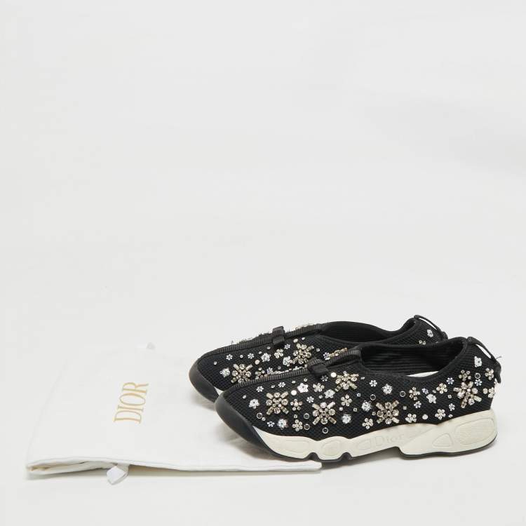 Pre Owned Dior Black Mesh Crystal Embellished Fusion Sneakers Size 36.5