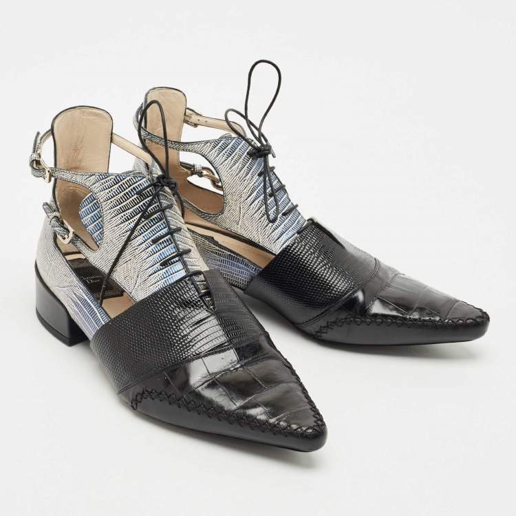 Pre Owned Dior Black Croc and Lizard Embossed Leather Nomade Pointy Ankle Length Boots Size 39