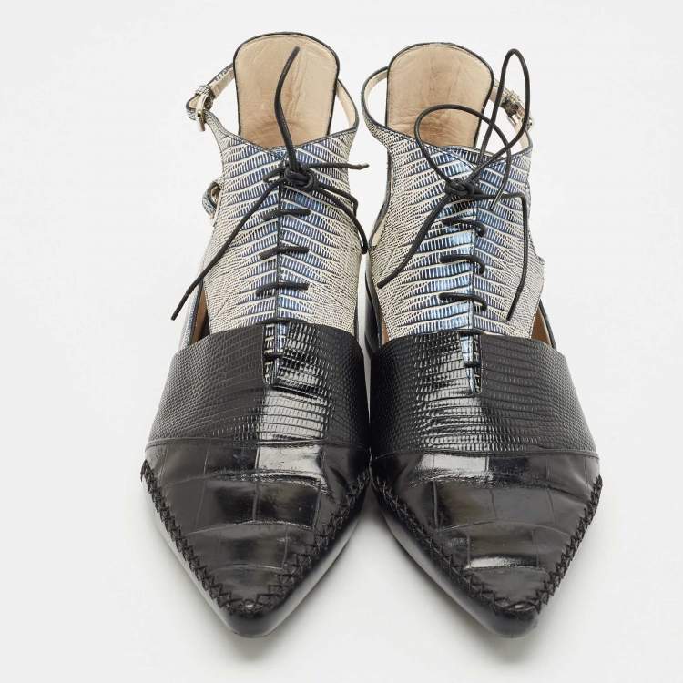 Pre Owned Dior Black Croc and Lizard Embossed Leather Nomade Pointy Ankle Length Boots Size 39