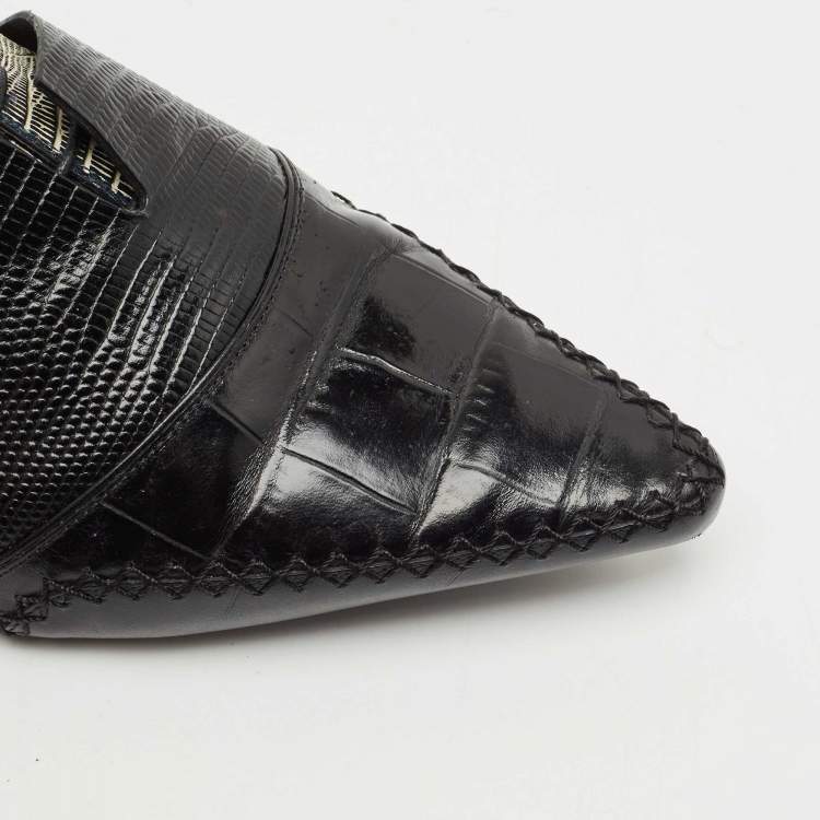 Pre Owned Dior Black Croc and Lizard Embossed Leather Nomade Pointy Ankle Length Boots Size 39