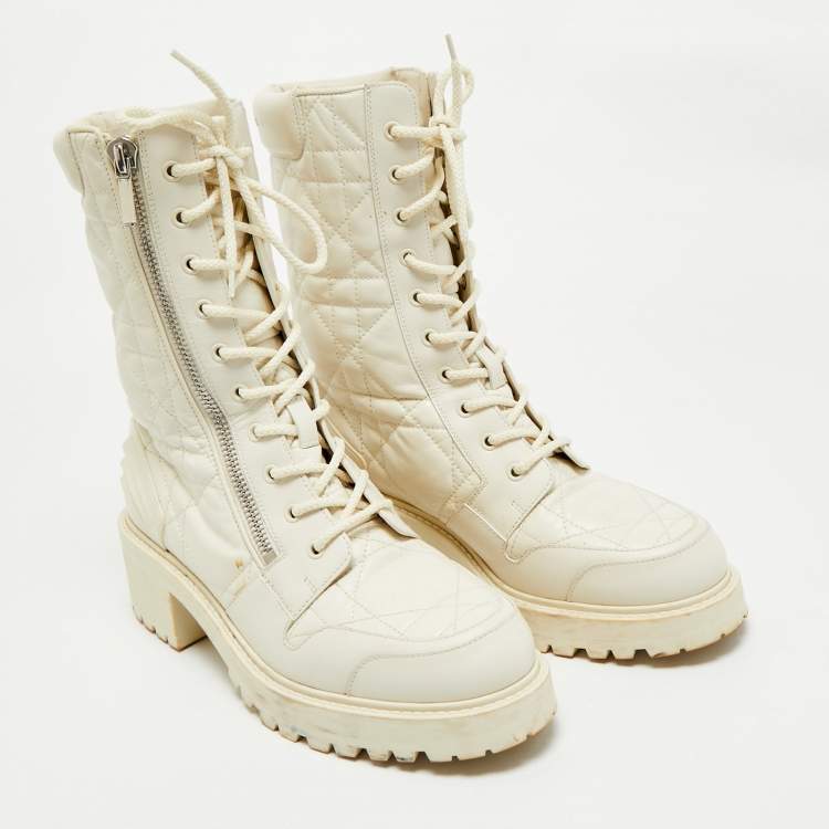 Pre Owned Dior Cream Leather Quilted Cannage D-unit Ankle Length Boots Size 41