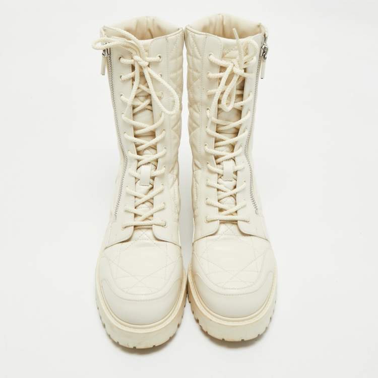 Pre Owned Dior Cream Leather Quilted Cannage D-unit Ankle Length Boots Size 41