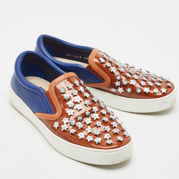 Pre Owned Dior Blue/Brown Leather And PVC Floral Embellished Slip On Sneaker Size 38