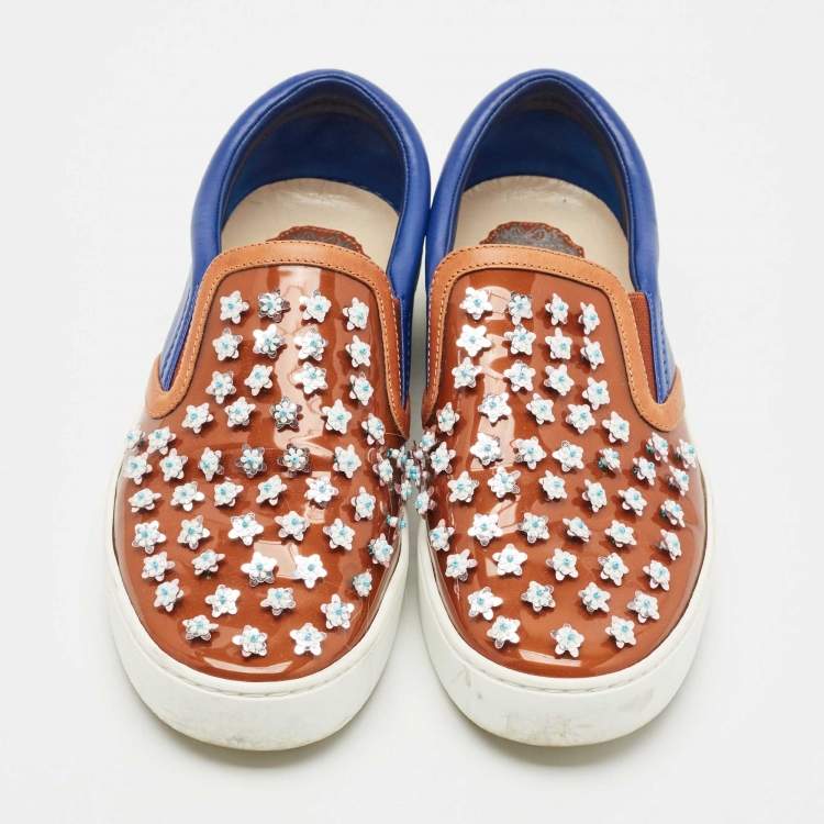 Pre Owned Dior Blue/Brown Leather And PVC Floral Embellished Slip On Sneaker Size 38