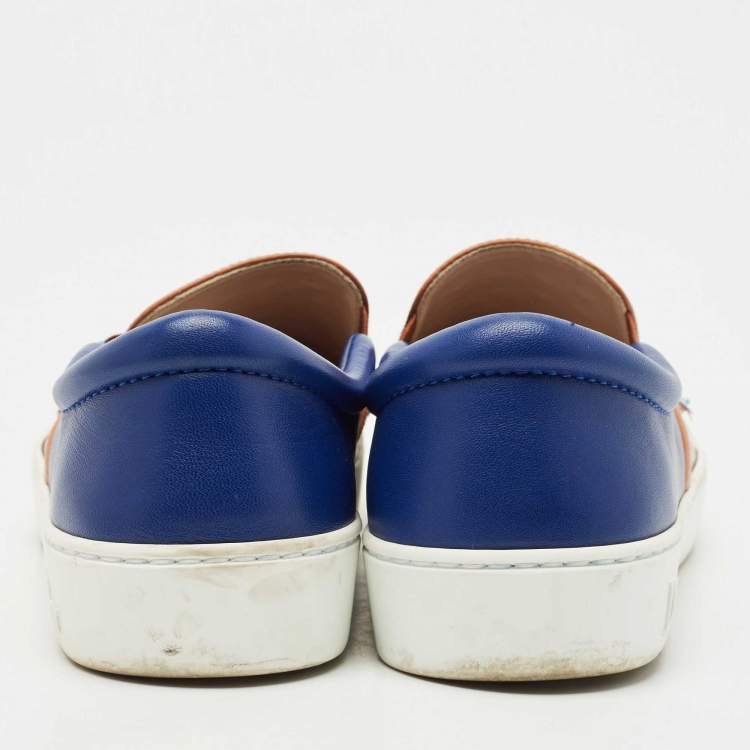 Pre Owned Dior Blue/Brown Leather And PVC Floral Embellished Slip On Sneaker Size 38