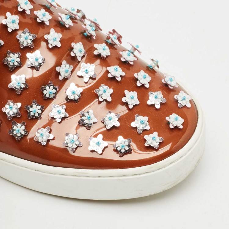 Pre Owned Dior Blue/Brown Leather And PVC Floral Embellished Slip On Sneaker Size 38