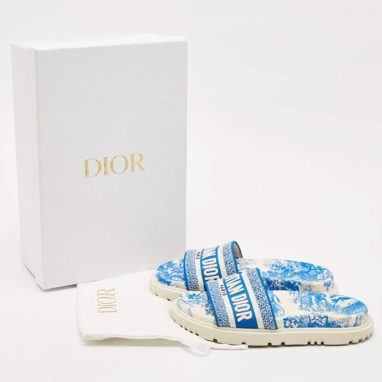 Dior Blue/White Toile De Jouy Embroidered Canvas Dway Flat Slides Size 36.5