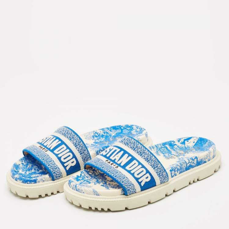 Dior Blue/White Toile De Jouy Embroidered Canvas Dway Flat Slides Size 36.5