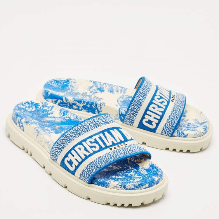 Dior Blue/White Toile De Jouy Embroidered Canvas Dway Flat Slides Size 36.5