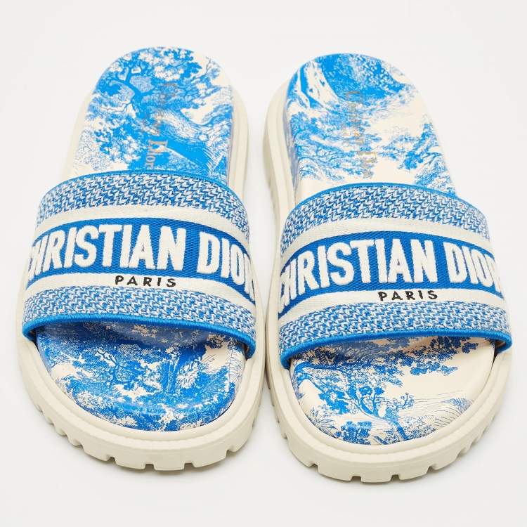 Dior Blue/White Toile De Jouy Embroidered Canvas Dway Flat Slides Size 36.5