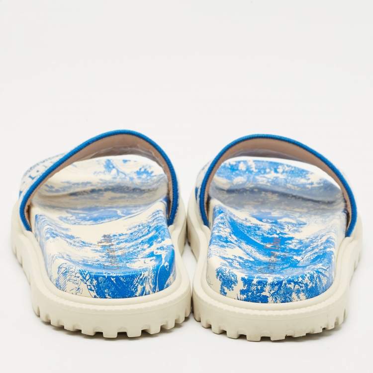 Dior Blue/White Toile De Jouy Embroidered Canvas Dway Flat Slides Size 36.5