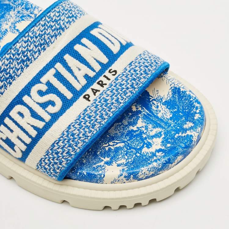 Dior Blue/White Toile De Jouy Embroidered Canvas Dway Flat Slides Size 36.5
