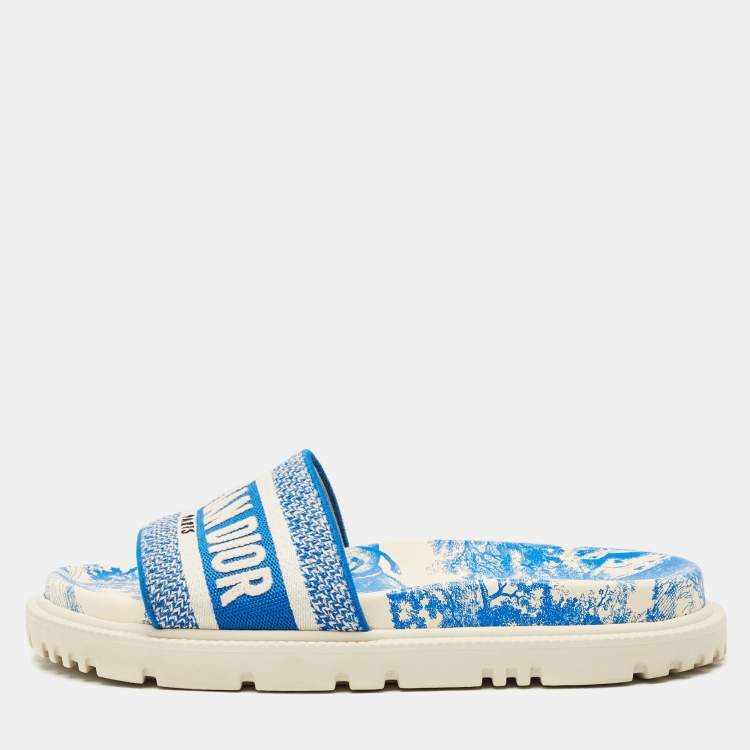 Dior Blue/White Toile De Jouy Embroidered Canvas Dway Flat Slides Size 36.5