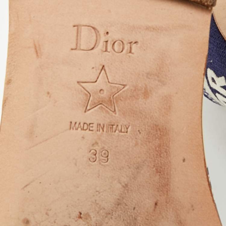 Pre Owned Dior Navy Blue/White Embroidered Canvas Dway Flat Slides Size 39