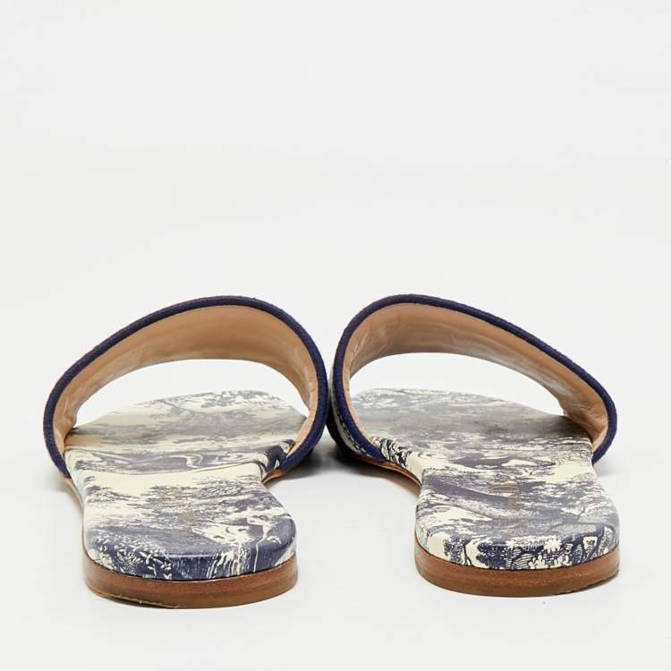 Pre Owned Dior Navy Blue/White Embroidered Canvas Dway Flat Slides Size 39