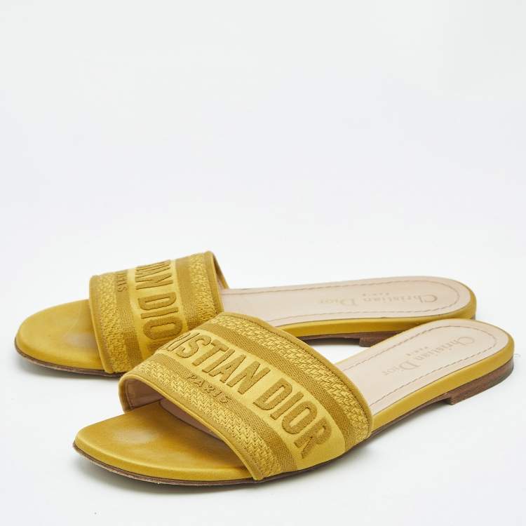 Pre Owned Dior Yellow Embroidered Canvas Dway Flat Slides Size 37