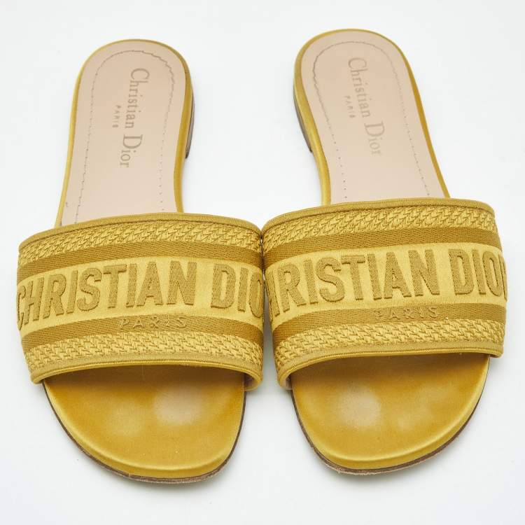 Pre Owned Dior Yellow Embroidered Canvas Dway Flat Slides Size 37