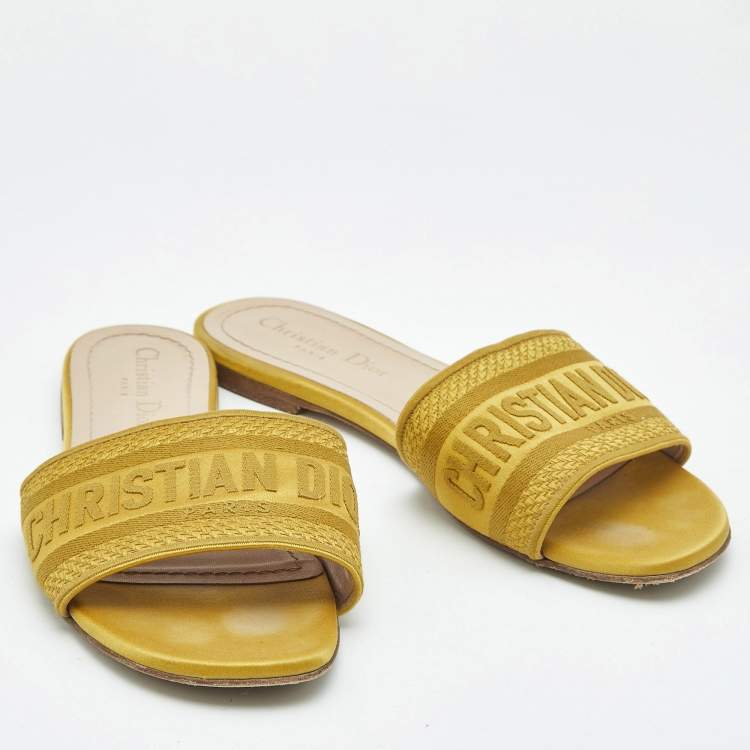 Pre Owned Dior Yellow Embroidered Canvas Dway Flat Slides Size 37