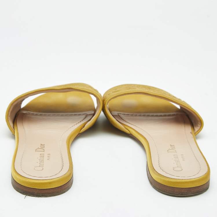 Pre Owned Dior Yellow Embroidered Canvas Dway Flat Slides Size 37