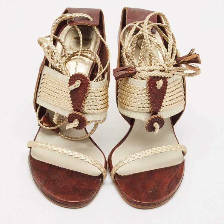 Pre Owned Dior Olive Brown/Gold Leather and Fabric Ankle Tie Sandals Size 37