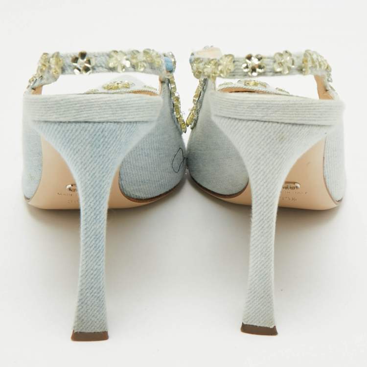 Pre Owned Dior Blue Canvas Crystal Embellished Slingback Pumps Size 38.5