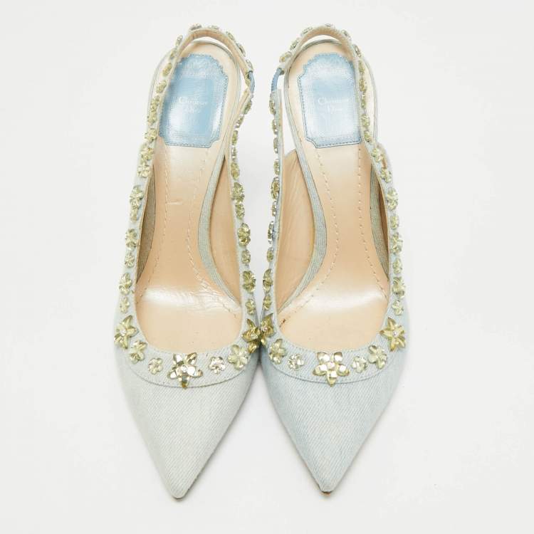 Pre Owned Dior Blue Canvas Crystal Embellished Slingback Pumps Size 38.5