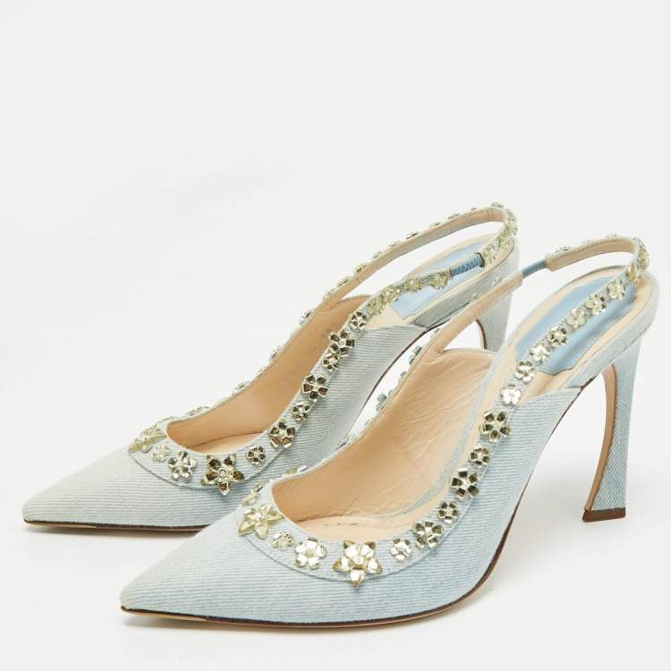 Pre Owned Dior Blue Canvas Crystal Embellished Slingback Pumps Size 38.5