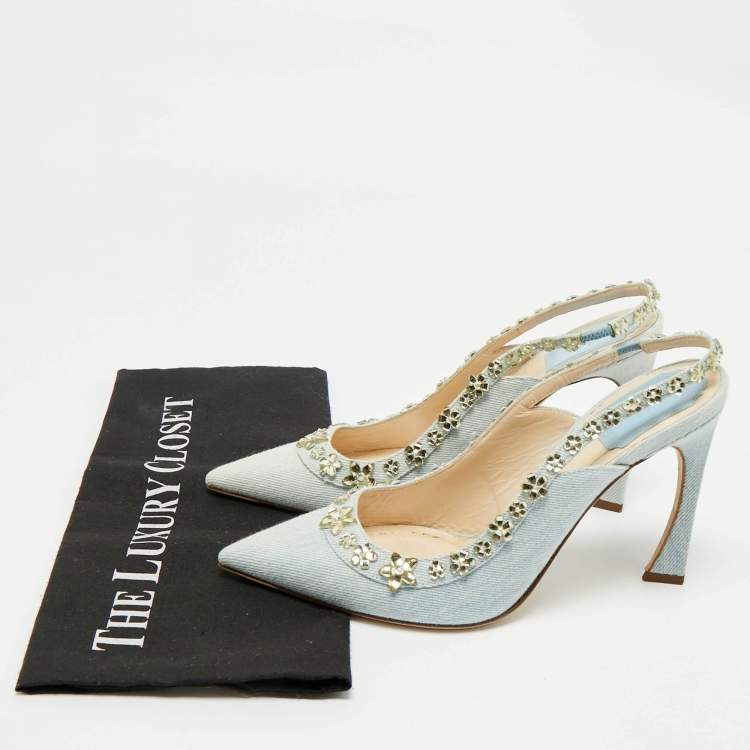 Pre Owned Dior Blue Canvas Crystal Embellished Slingback Pumps Size 38.5
