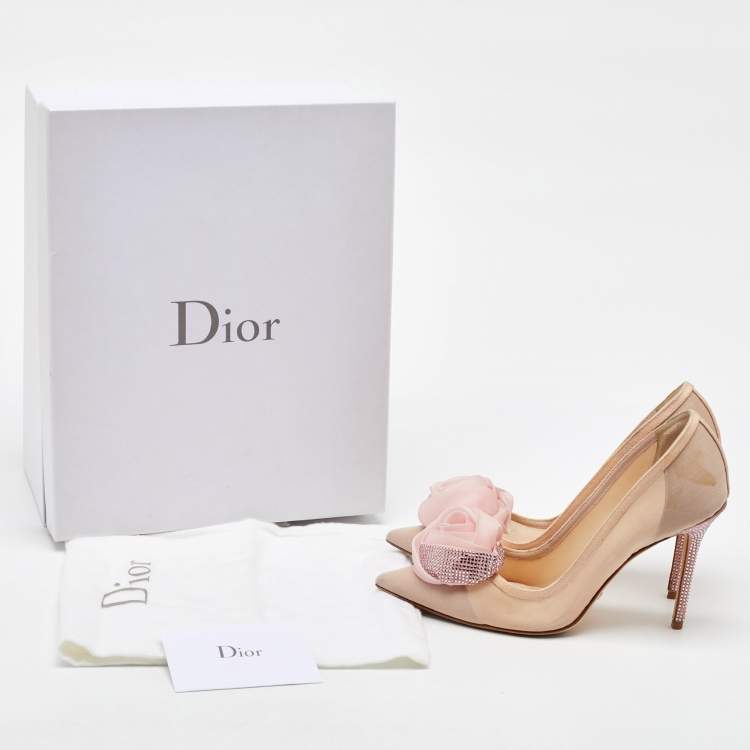 Pre Owned Dior Light Pink Fabric Garden Flower Crystal Embellished Pointed Toe Pumps Size 36