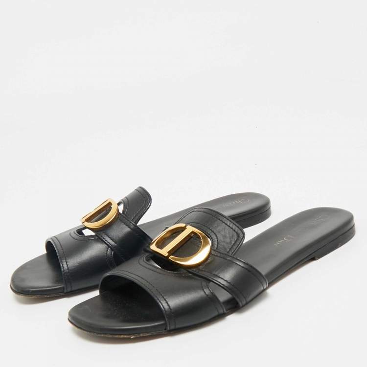 Pre Owned Dior Black Leather 30 Montaigne Flat Slides Size 37.5