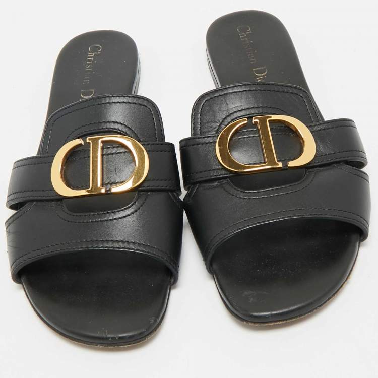 Pre Owned Dior Black Leather 30 Montaigne Flat Slides Size 37.5
