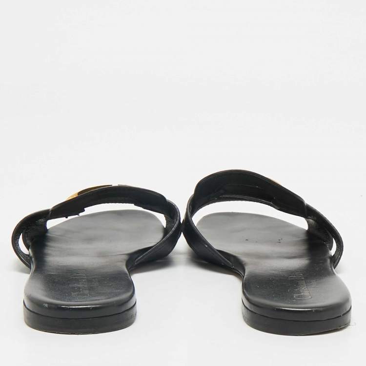 Pre Owned Dior Black Leather 30 Montaigne Flat Slides Size 37.5