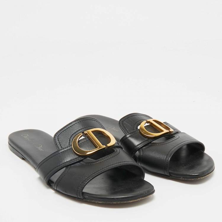 Pre Owned Dior Black Leather 30 Montaigne Flat Slides Size 37.5