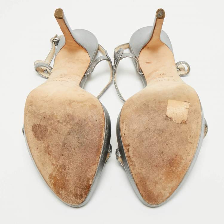 Pre Owned Dior Silver Leather Logo Slingback Sandals Size 39