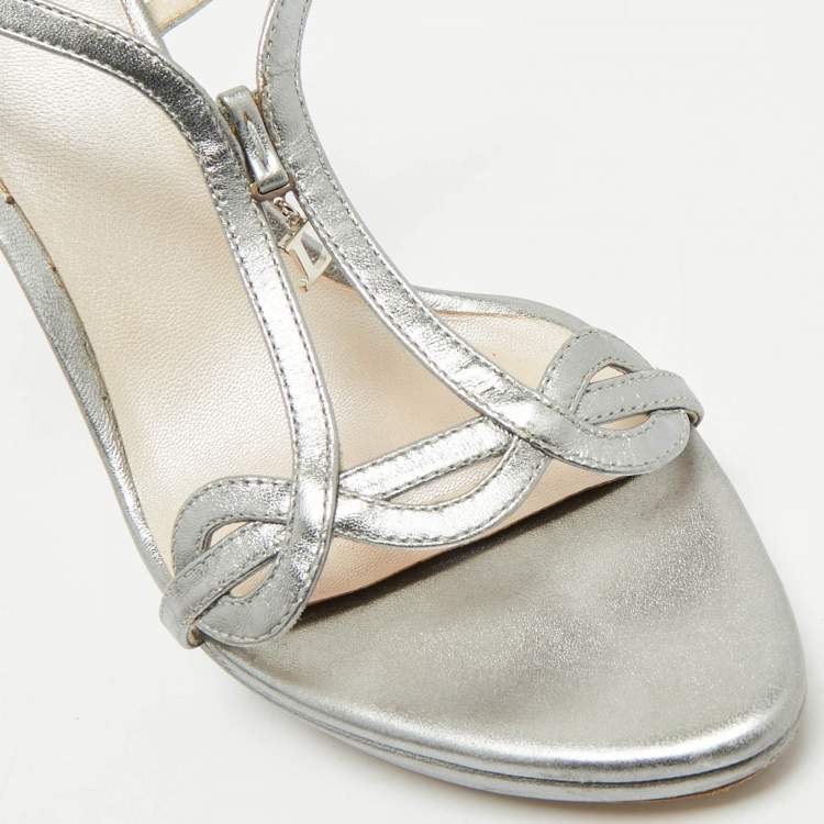 Pre Owned Dior Silver Leather Logo Slingback Sandals Size 39