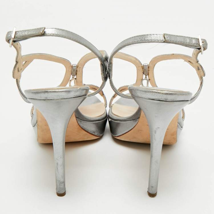 Pre Owned Dior Silver Leather Logo Slingback Sandals Size 39