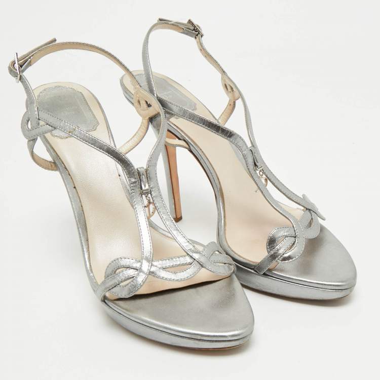Pre Owned Dior Silver Leather Logo Slingback Sandals Size 39