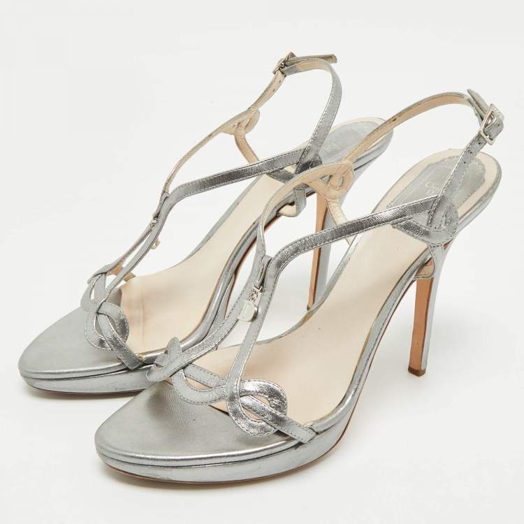 Pre Owned Dior Silver Leather Logo Slingback Sandals Size 39