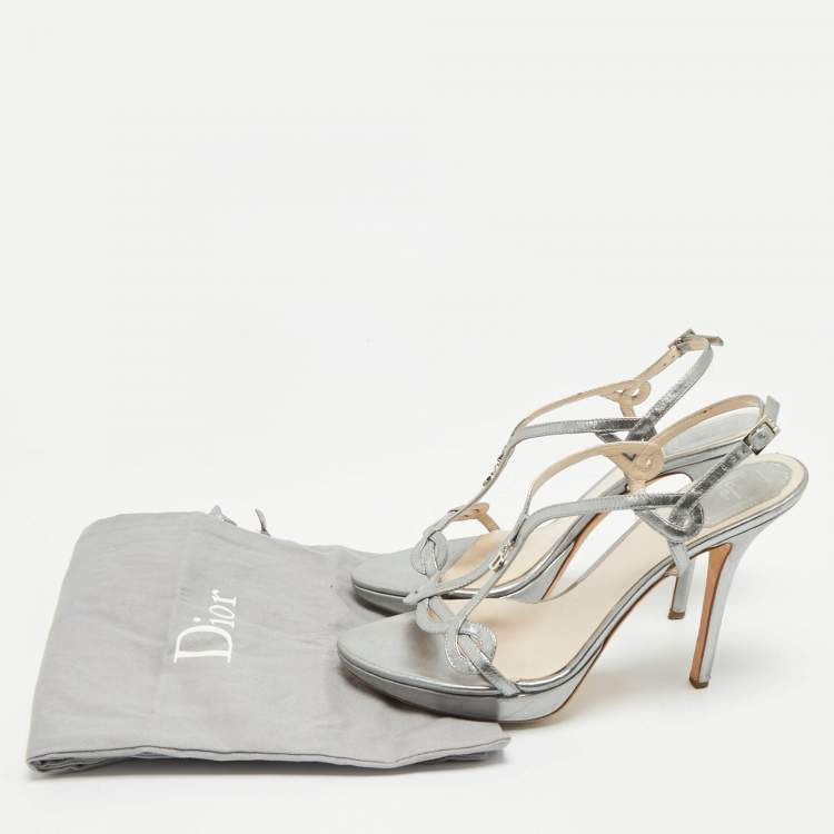 Pre Owned Dior Silver Leather Logo Slingback Sandals Size 39