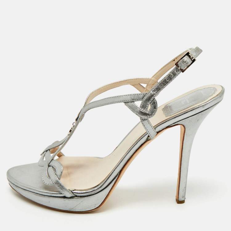 Pre Owned Dior Silver Leather Logo Slingback Sandals Size 39
