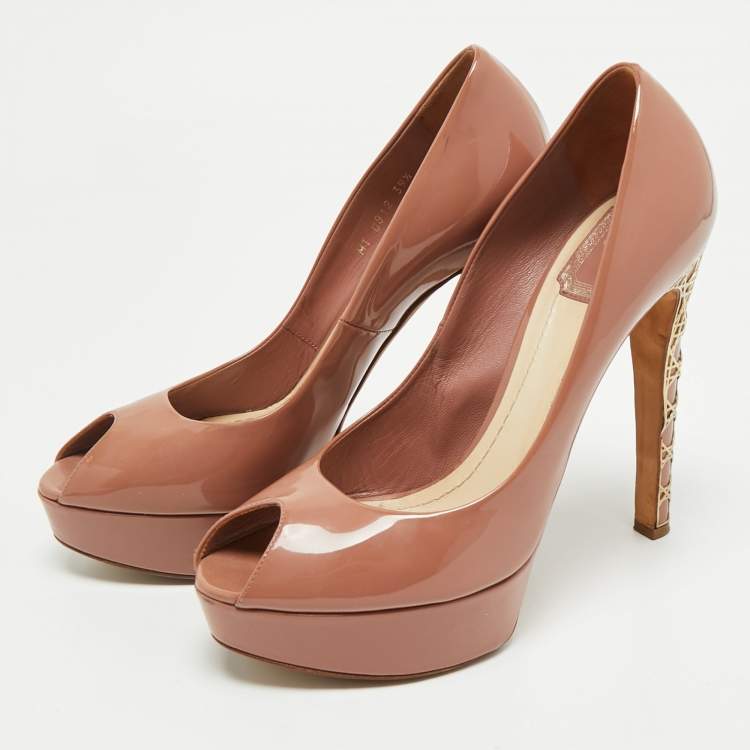 Pre Owned Dior Old Rose Pink Patent Leather Miss Dior Peep Toe Platform Pumps Size 39.5