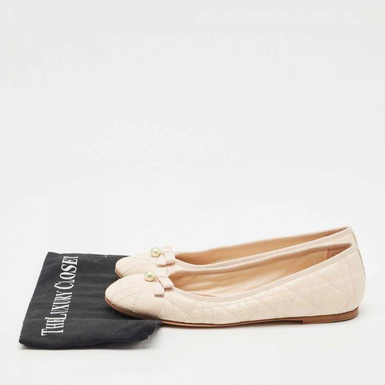 Pre Owned Dior Light Peach Cannage Leather Pearl Bow Ballet Flats Size 40