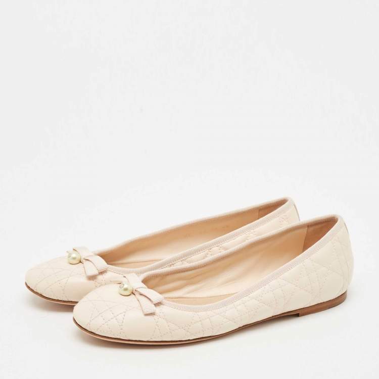 Pre Owned Dior Light Peach Cannage Leather Pearl Bow Ballet Flats Size 40