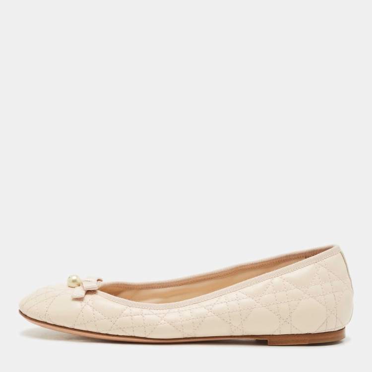 Pre Owned Dior Light Peach Cannage Leather Pearl Bow Ballet Flats Size 40