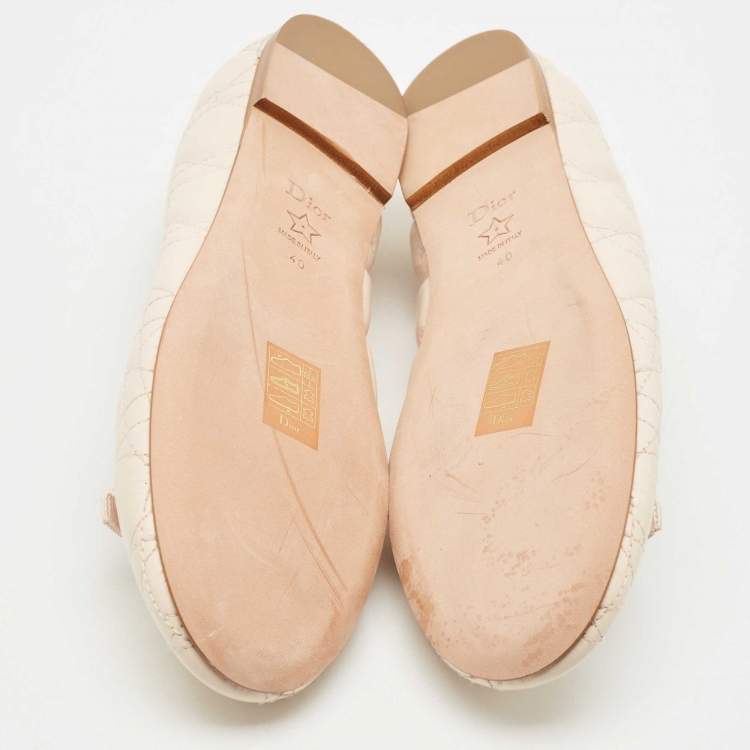 Pre Owned Dior Light Peach Cannage Leather Pearl Bow Ballet Flats Size 40